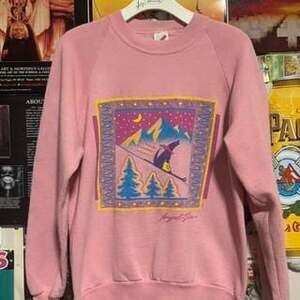 Vintage 80s Jerzees Pink Skiing Wolf Graphic Sweatshirt, Size Large